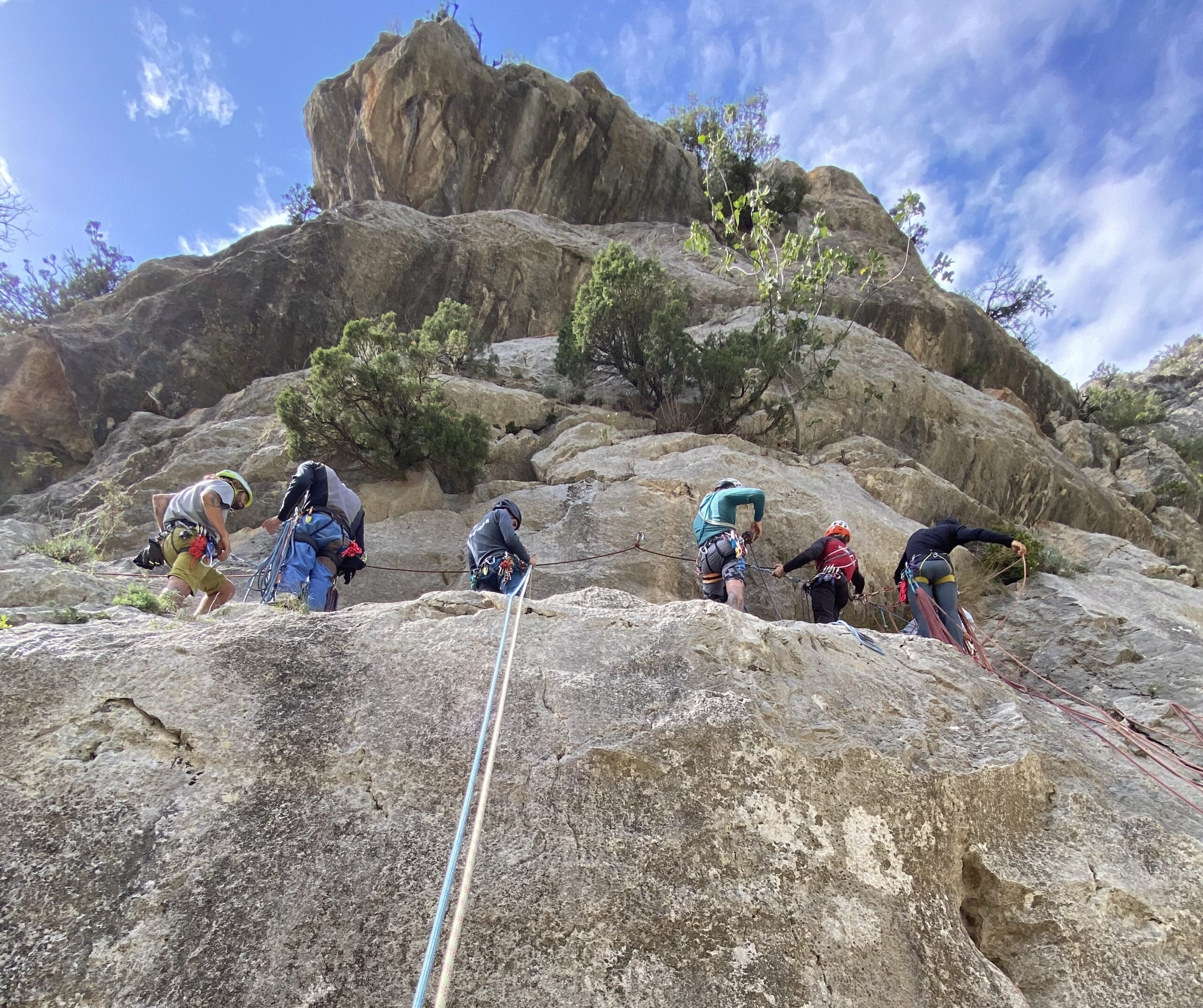 Practising a rope ascent and belay escape during a self-rescue course