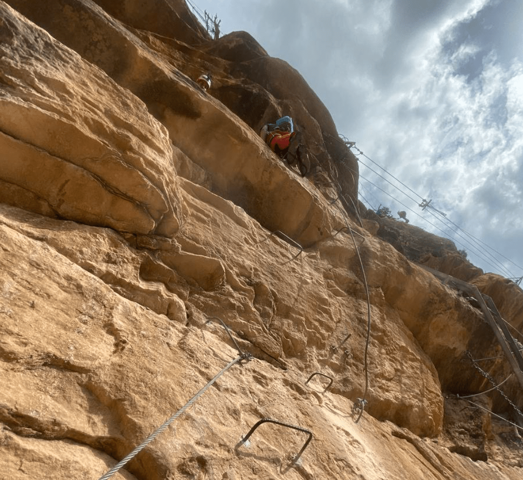 Overhanging ladder on the Cagate Lorito via ferrata at Sant Llorenc de Montgai